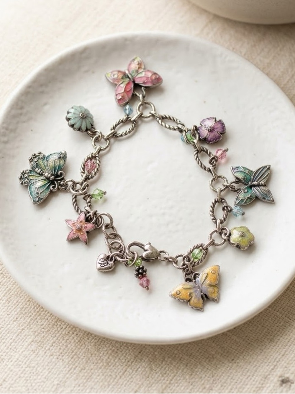 Brighton Silver Butterfly & Floral Charm Bracelet - Pink, Blue, Yellow 2675